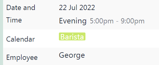 Shift detail view with employee name