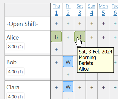 Monthly rota schedule by employee